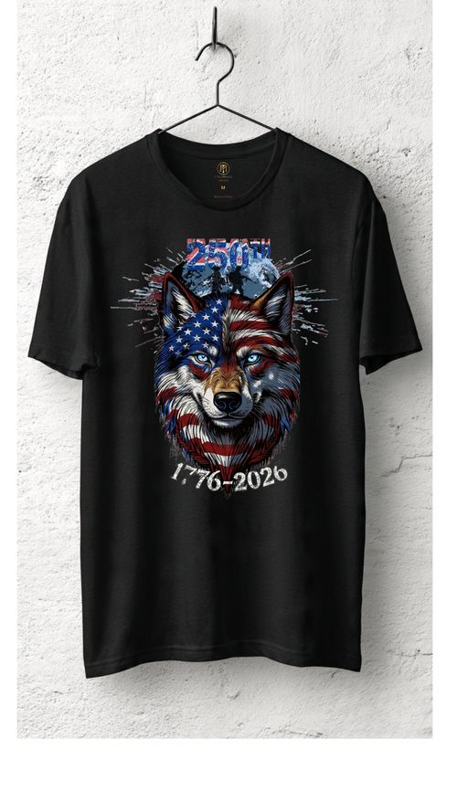 250th Anniversary American Flag Wolf T-Shirt 1776-2026 | Semiquincentennial Patriotic USA Flag Wolf Tee | Men’s Women’s America 250 Shirt