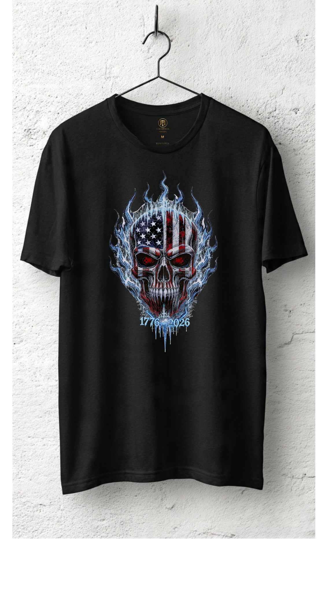 250th Anniversary Ice Flame American Flag Skull T-Shirt 1776-2026 | Semiquincentennial Patriotic Skull Tee | Men’s America 250 Shirt