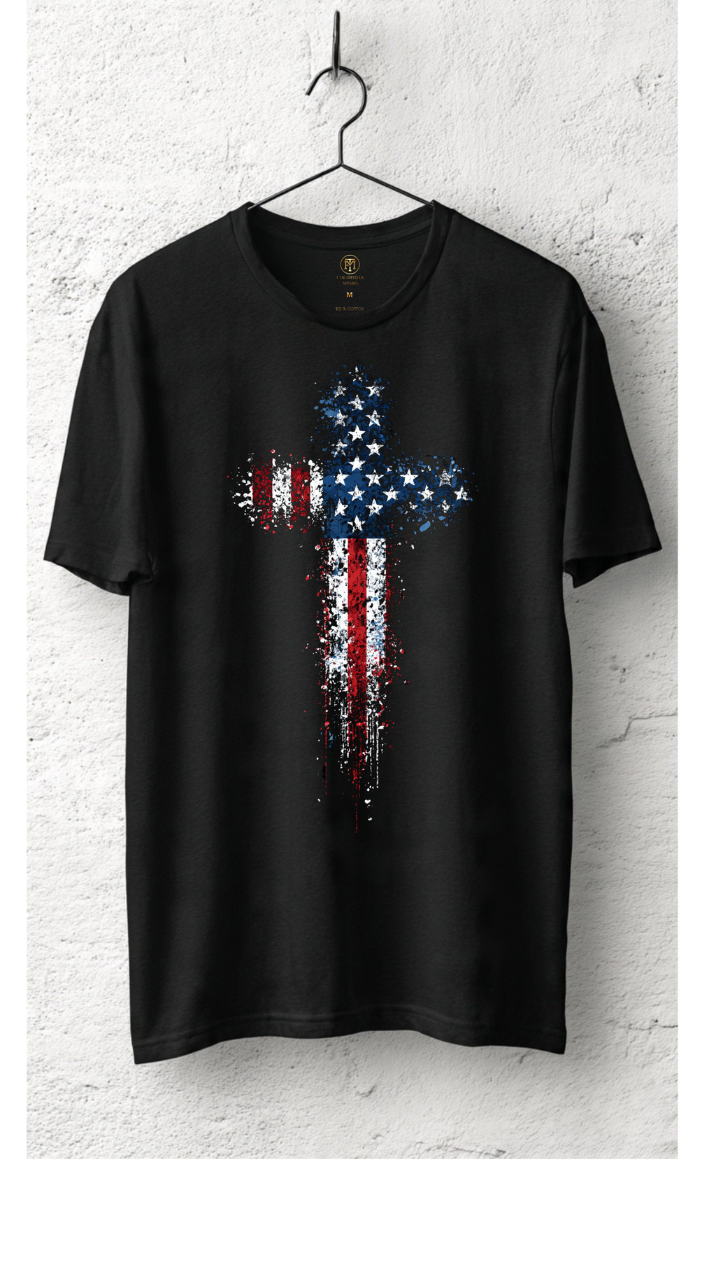 Freedom’s Cross American Flag Splatter Design on Premium Black Tee