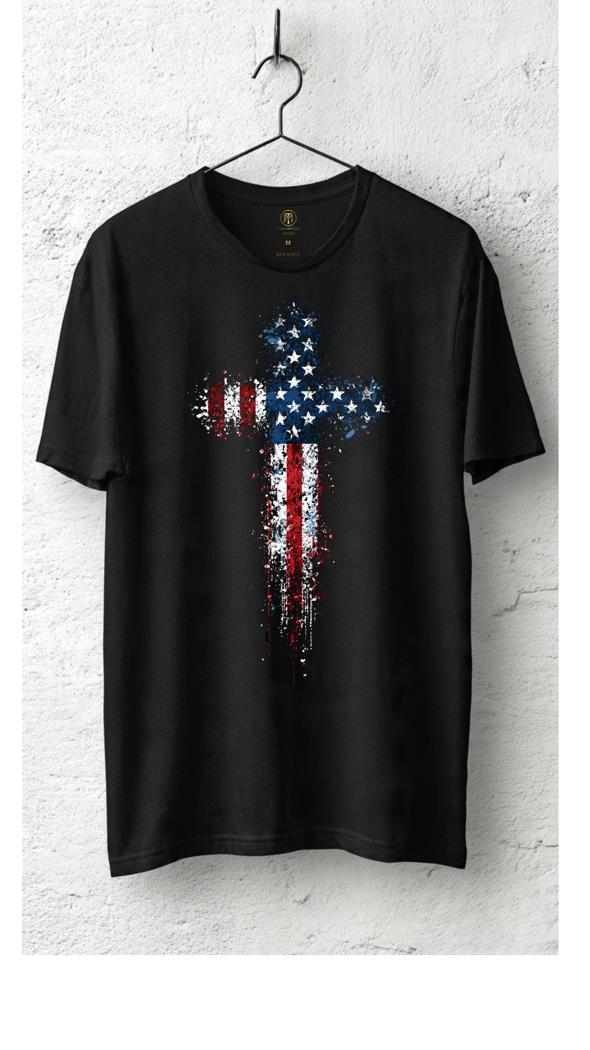 Freedom’s Cross American Flag Splatter Design on Premium Black Tee