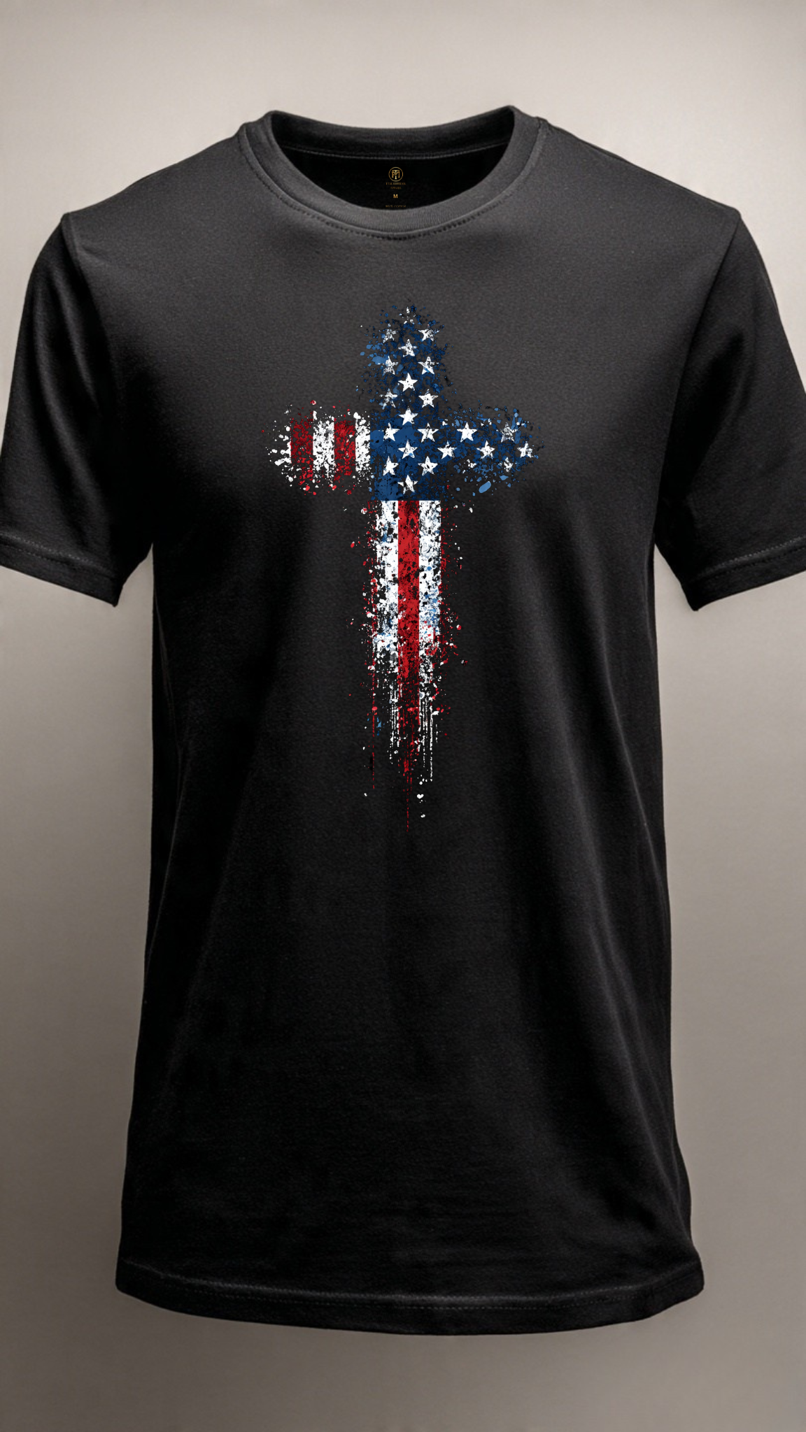 Freedom’s Cross American Flag Splatter Design on Premium Black Tee
