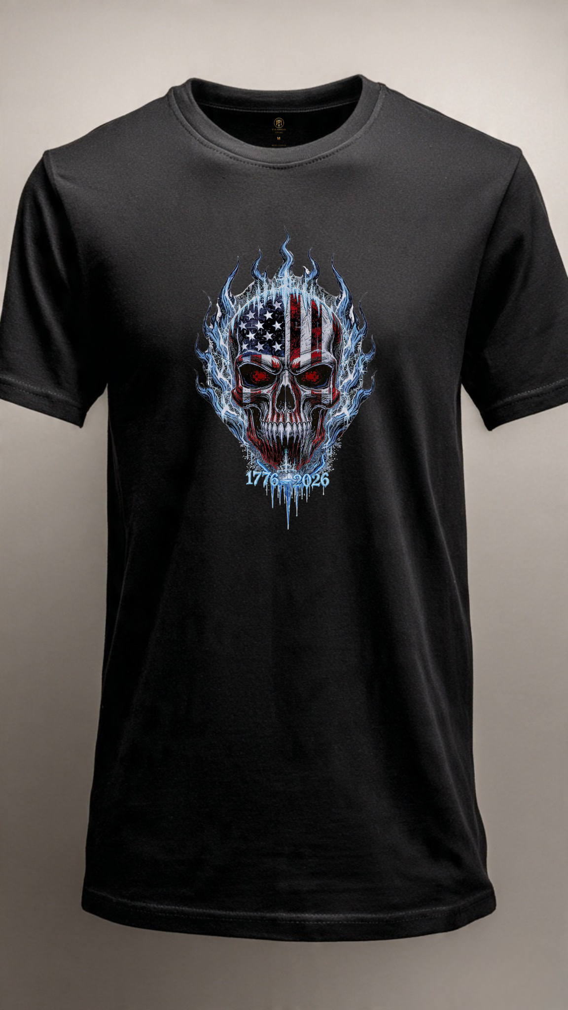 250th Anniversary Ice Flame American Flag Skull T-Shirt 1776-2026 | Semiquincentennial Patriotic Skull Tee | Men’s America 250 Shirt