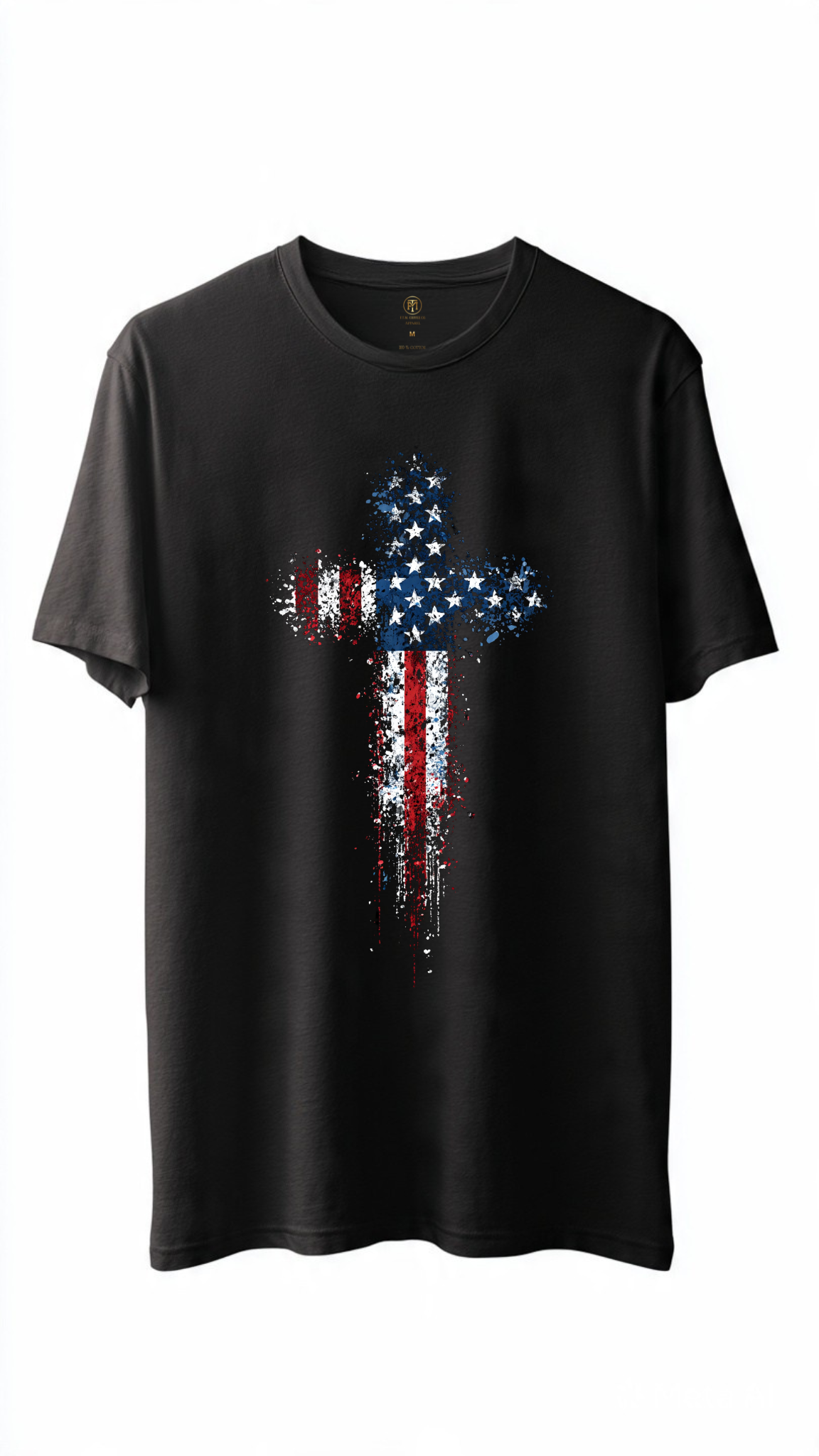 Freedom’s Cross American Flag Splatter Design on Premium Black Tee