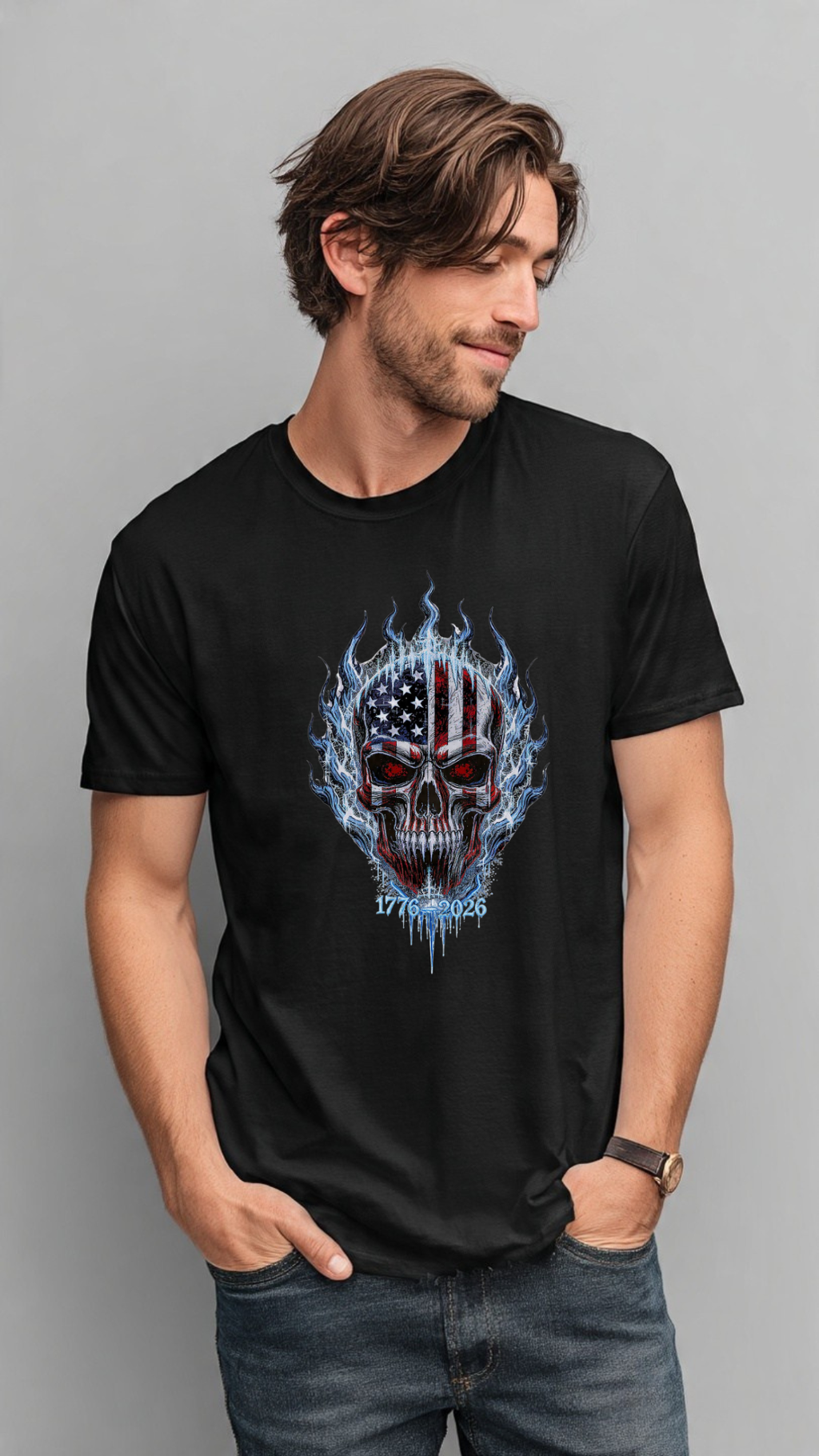 250th Anniversary Ice Flame American Flag Skull T-Shirt 1776-2026 | Semiquincentennial Patriotic Skull Tee | Men’s America 250 Shirt