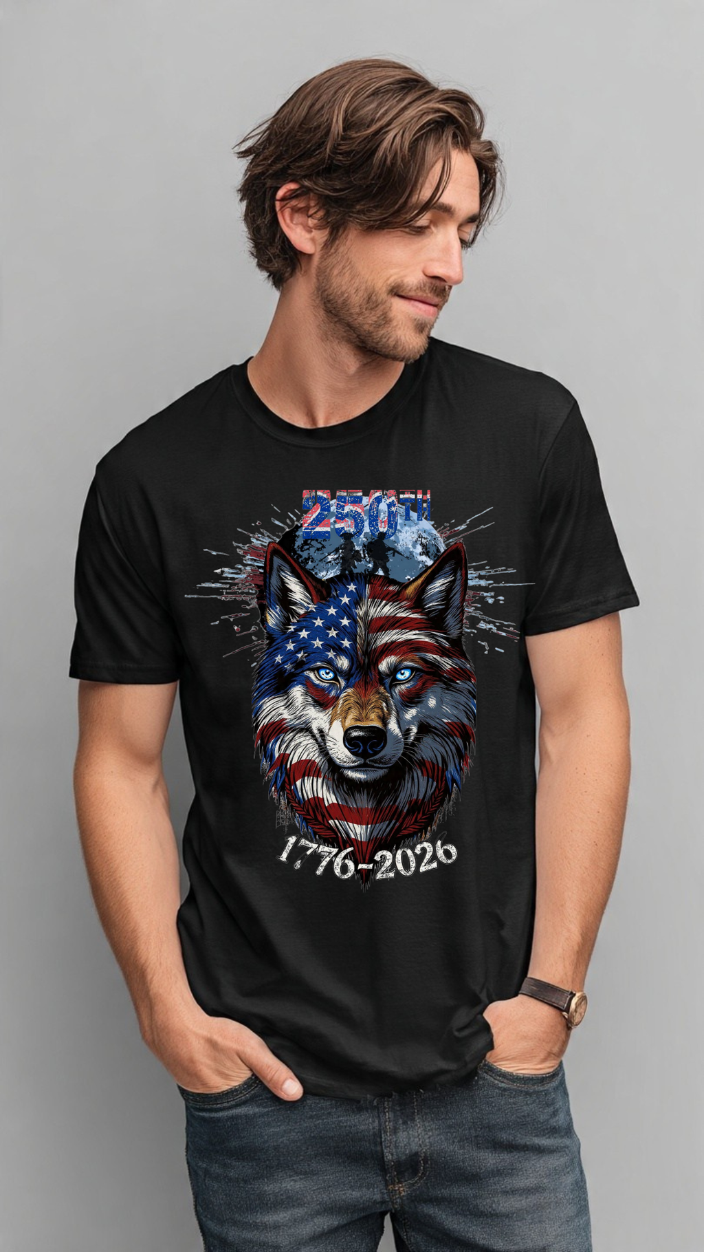 250th Anniversary American Flag Wolf T-Shirt 1776-2026 | Semiquincentennial Patriotic USA Flag Wolf Tee | Men’s Women’s America 250 Shirt