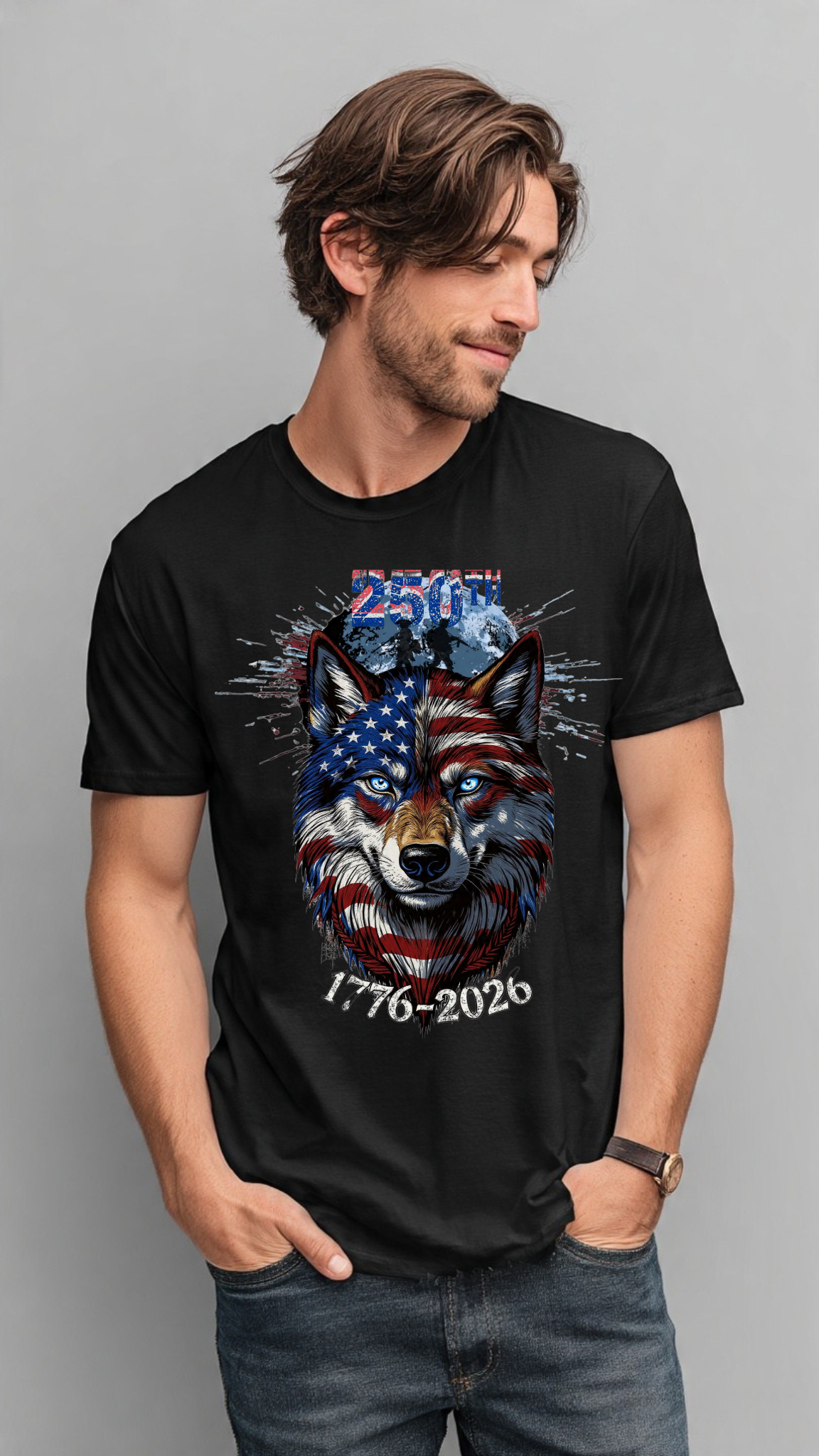 250th Anniversary American Flag Wolf T-Shirt 1776-2026 | Semiquincentennial Patriotic USA Flag Wolf Tee | Men’s Women’s America 250 Shirt