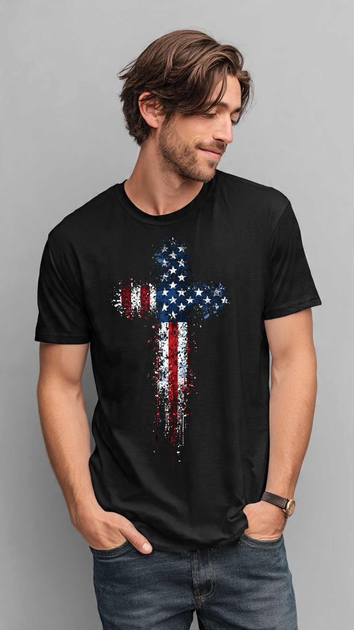 Freedom’s Cross American Flag Splatter Design on Premium Black Tee