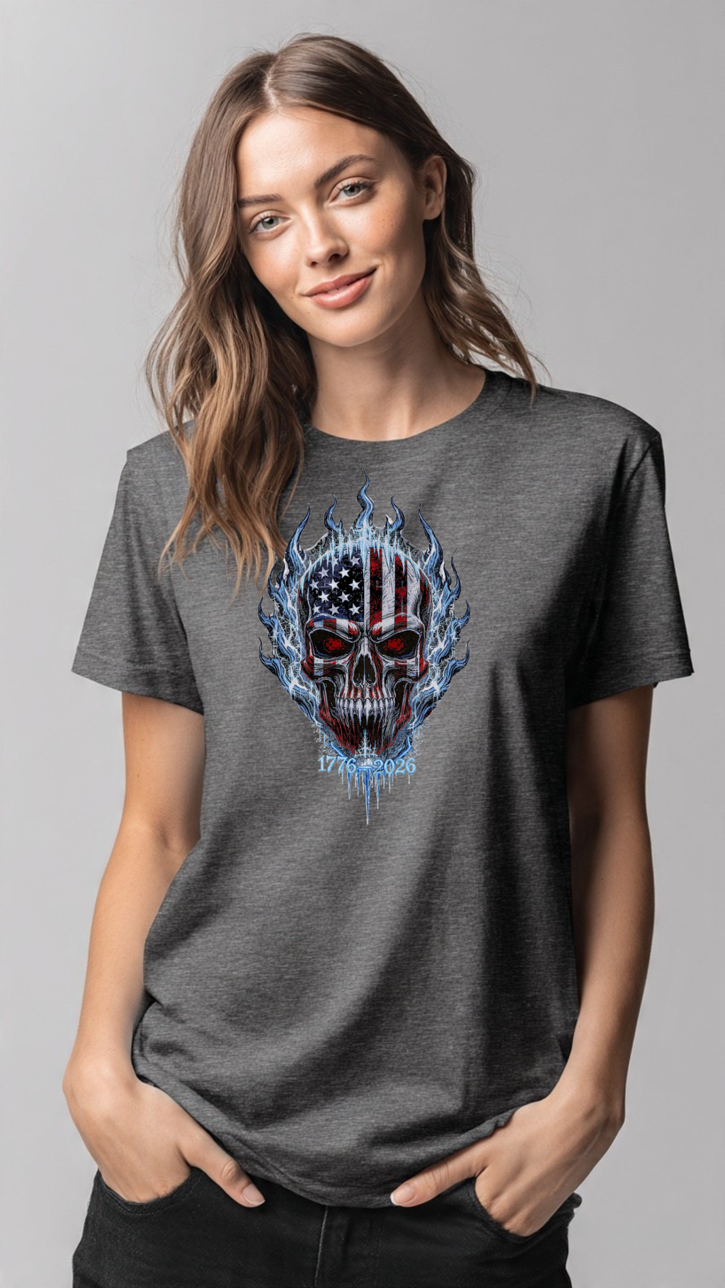 250th Anniversary Ice Flame American Flag Skull T-Shirt 1776-2026 | Semiquincentennial Patriotic Skull Tee | Men’s America 250 Shirt