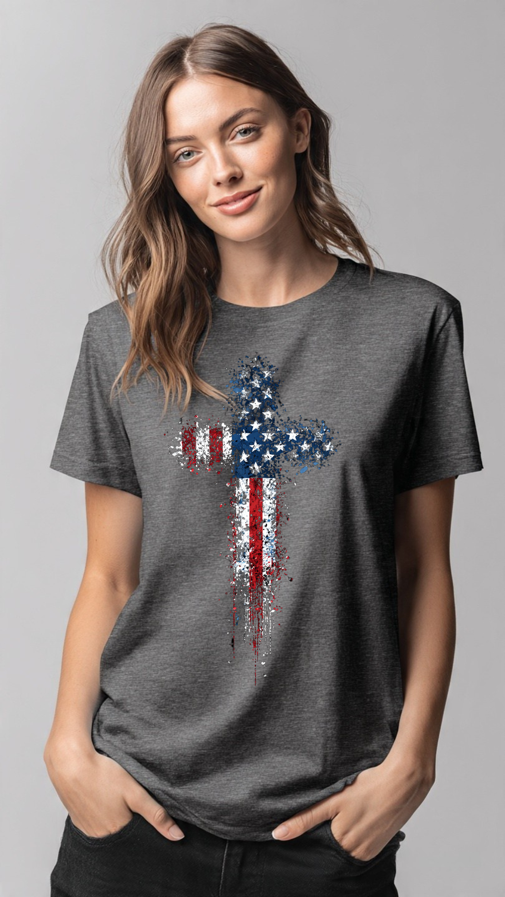 Freedom’s Cross American Flag Splatter Design on Premium Black Tee