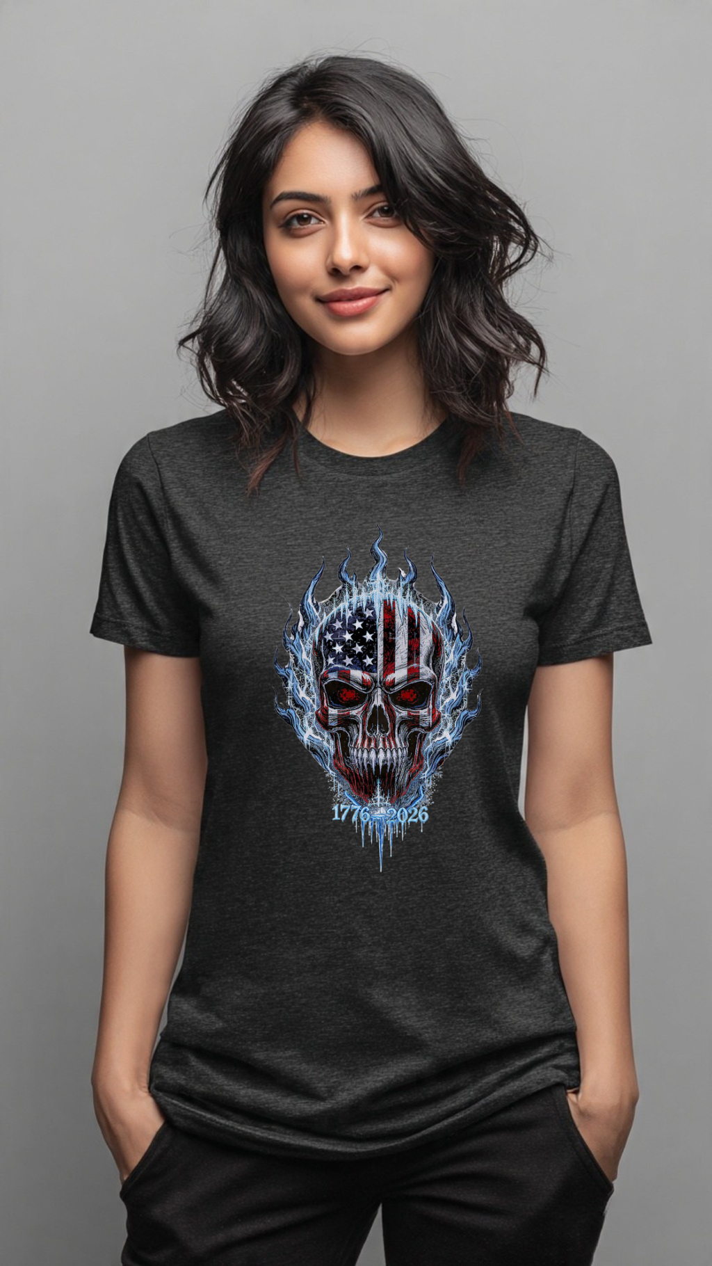 250th Anniversary Ice Flame American Flag Skull T-Shirt 1776-2026 | Semiquincentennial Patriotic Skull Tee | Men’s America 250 Shirt