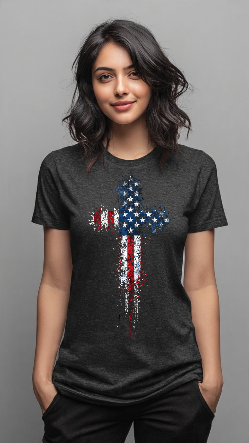 Freedom’s Cross American Flag Splatter Design on Premium Black Tee