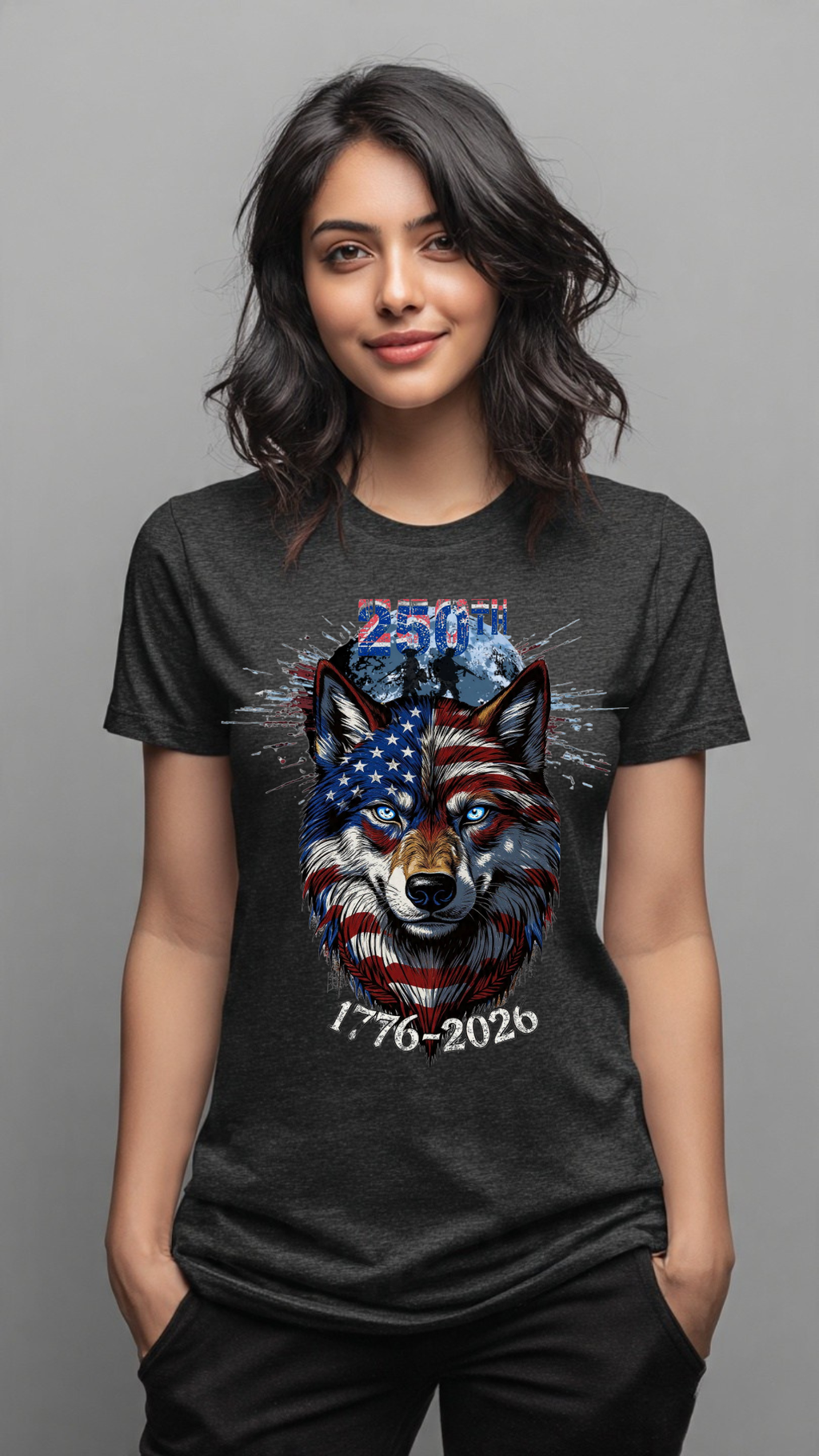 250th Anniversary American Flag Wolf T-Shirt 1776-2026 | Semiquincentennial Patriotic USA Flag Wolf Tee | Men’s Women’s America 250 Shirt