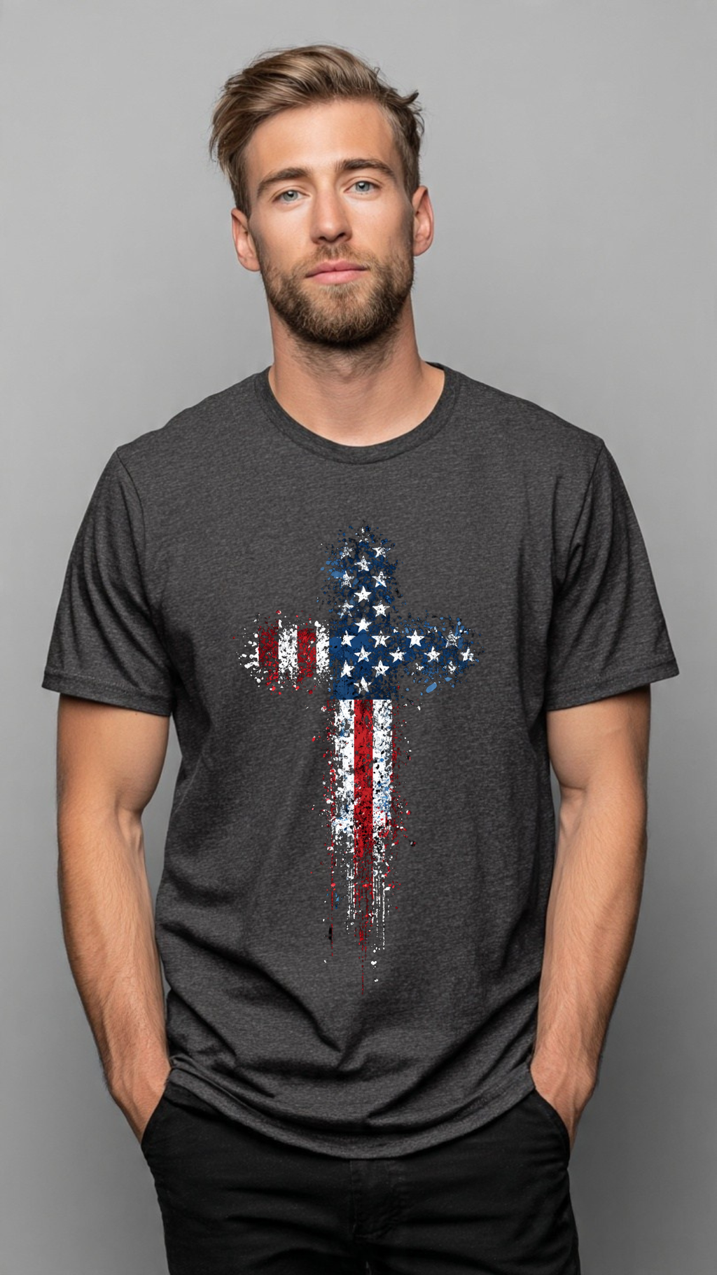 Freedom’s Cross American Flag Splatter Design on Premium Black Tee