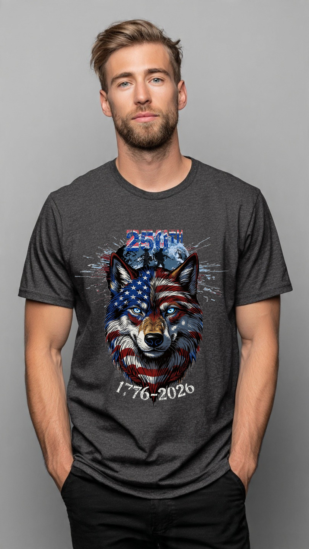 250th Anniversary American Flag Wolf T-Shirt 1776-2026 | Semiquincentennial Patriotic USA Flag Wolf Tee | Men’s Women’s America 250 Shirt