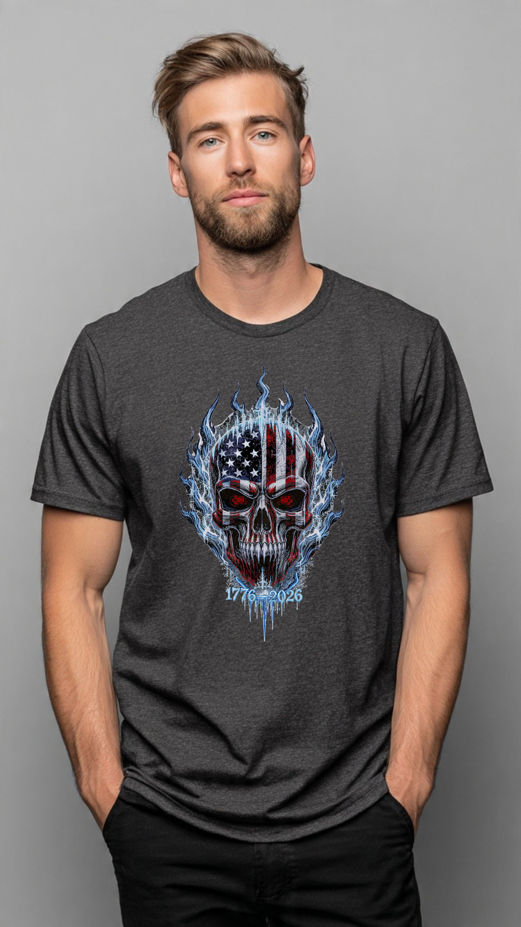250th Anniversary Ice Flame American Flag Skull T-Shirt 1776-2026 | Semiquincentennial Patriotic Skull Tee | Men’s America 250 Shirt