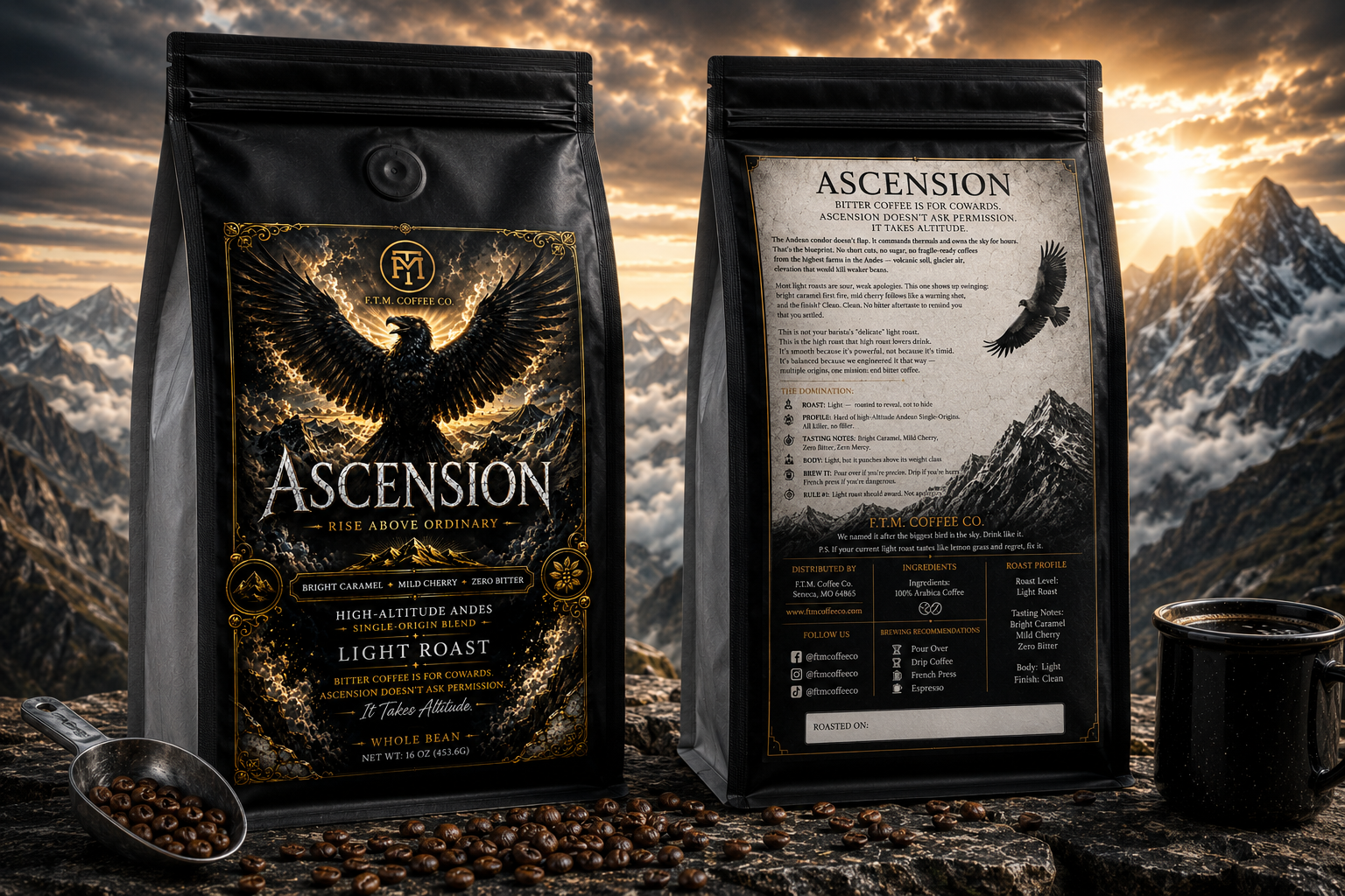 Ascension Ground Light Roast High-Altitude Andes Blend. No Bitter. No Mercy.